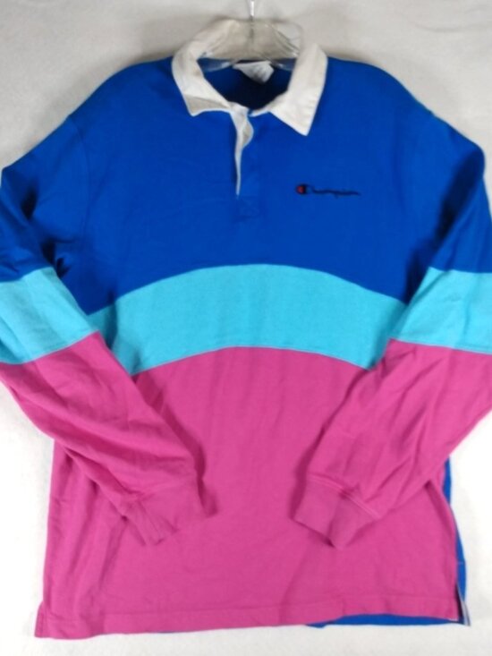 Champion Other - Champion Color Block Rugby Polo Shirt Men's L Logo Wide Stripe Long Sleeve 90s